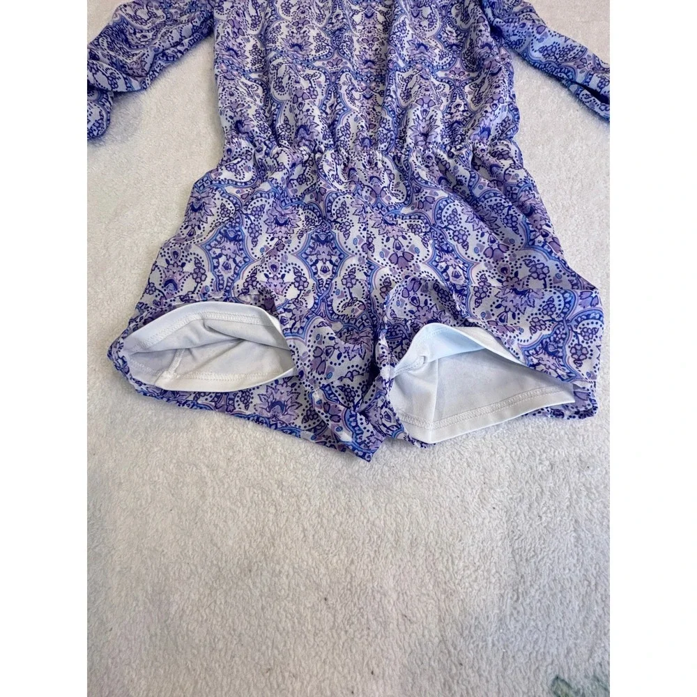 The Childrens Place Girls XL 14 Romper Purple Blue Paisley Cold Shoulder Boho‎